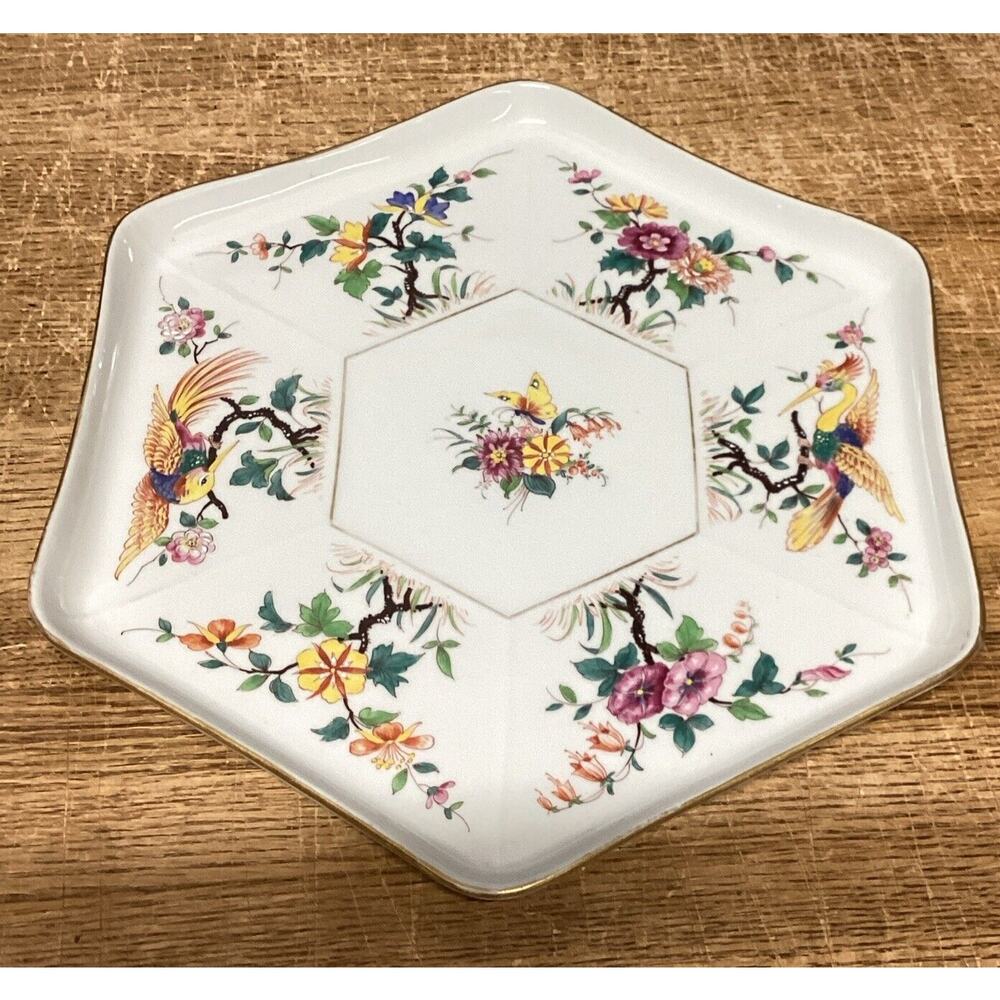Vintage Porcelain And Ceramic Floral Platter With Birds & Butterflies - 12.5x11”
